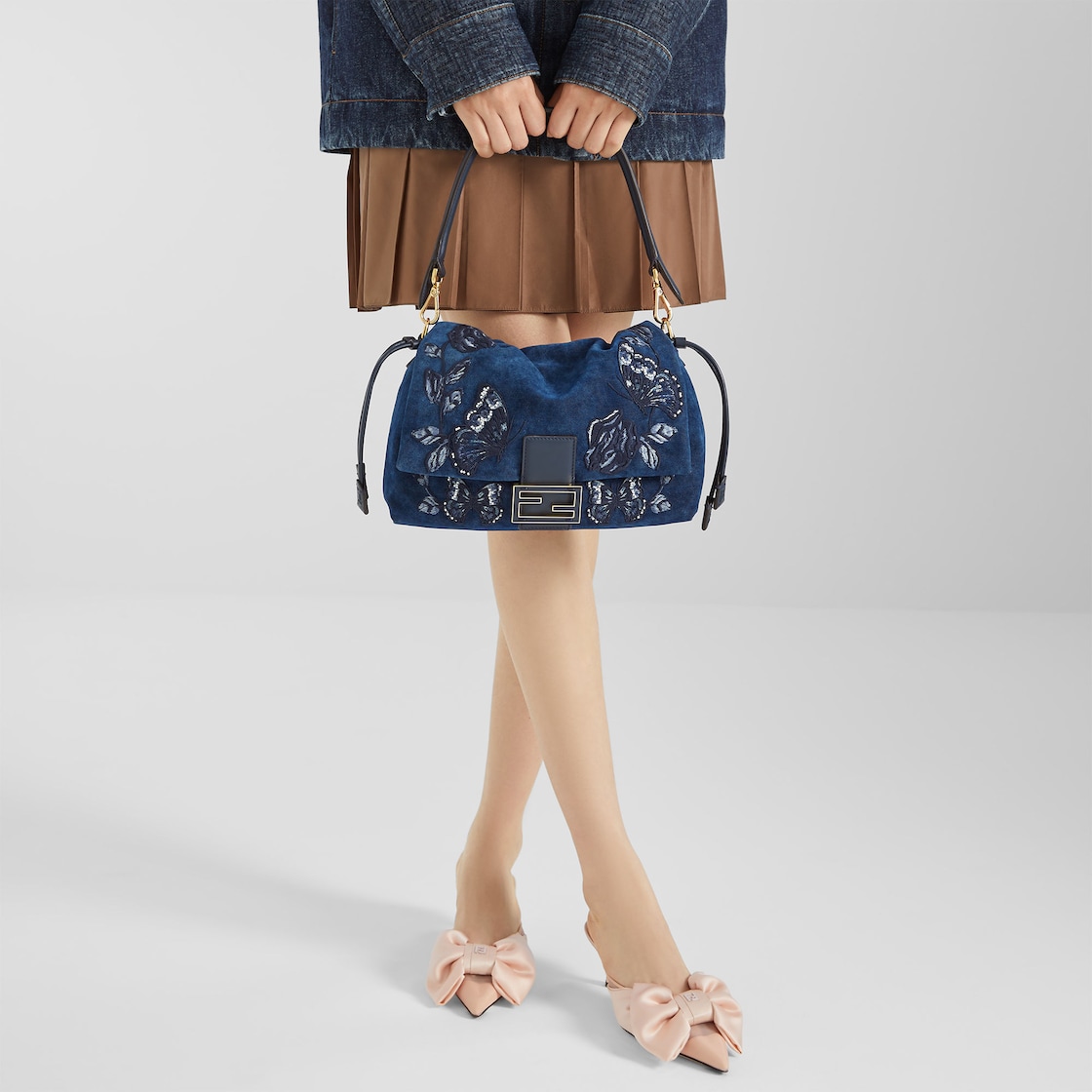 FENDI Mamma Baguette Medium Blue flocked denim bag with Night Butterfly embroidery - Image 2